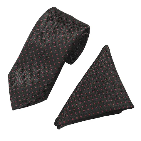 Mens Black Premium Silk Necktie Suit Accessories Set With Pocket Square Red Dotted Design