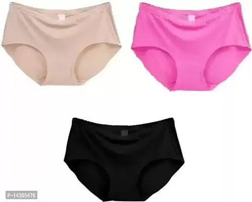 Pack of 3-Women's Cotton Ice Silk Seamless Panties Hipster Briefs Ladies  Innerwear Medium Waist Soft