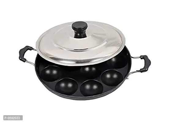 G-MART Non-Stick 12 Cavity Aluminium Appam Patra Paniyarakal with 2 Side Handle and Stainless Steel Lid-thumb0