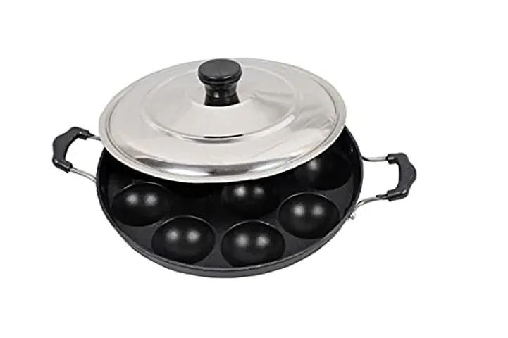 G-MART Non-Stick 12 Cavity Aluminium Appam Patra Paniyarakal with 2 Side Handle and Stainless Steel Lid