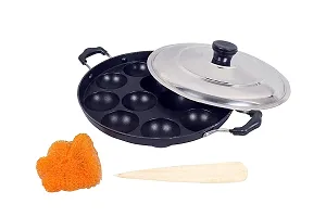 G-MART Non-Stick 12 Cavity Aluminium Appam Patra Paniyarakal with 2 Side Handle and Stainless Steel Lid-thumb1