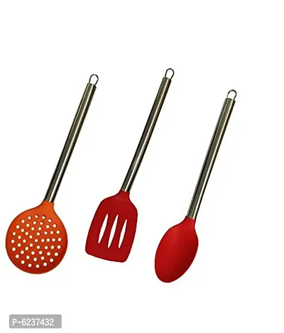 Silicone Kitchen Tool with Heat Resistant Silicone Covering Head and Stay-Cool Stainless Steel Handle  Set of 3