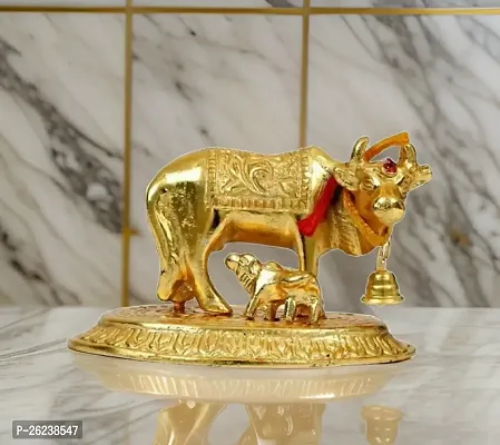Metal  Cow and Calf Showpiece 8 cm| Brass Cow Statue/Figurines for Spiritual Vastu Nandi Pooja| Kamdhenu Sculpture for Good Luck | Export Quality Item for Gift/Home Decoration |-thumb0