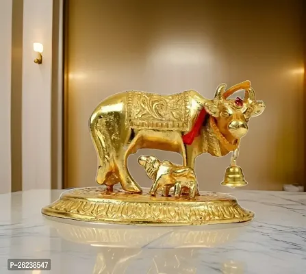 Metal  Cow and Calf Showpiece 8 cm| Brass Cow Statue/Figurines for Spiritual Vastu Nandi Pooja| Kamdhenu Sculpture for Good Luck | Export Quality Item for Gift/Home Decoration |-thumb3