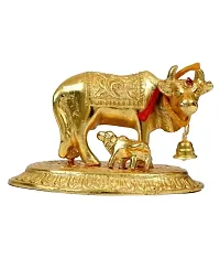 Metal  Cow and Calf Showpiece 8 cm| Brass Cow Statue/Figurines for Spiritual Vastu Nandi Pooja| Kamdhenu Sculpture for Good Luck | Export Quality Item for Gift/Home Decoration |-thumb1