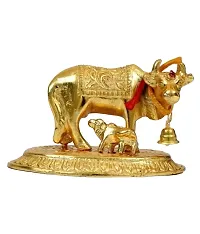 Decorative Brass  Metal Kamdhenu Cow and Calf small Handcrafted Statue, 4-inch, Multicolour.-thumb1