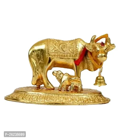 Decorative Brass  Metal Kamdhenu Cow and Calf small Handcrafted Statue, 4-inch, Multicolour.-thumb2