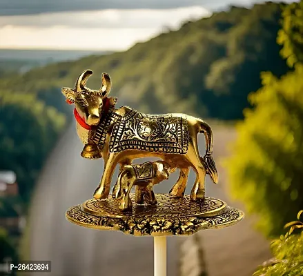 Metal Kamdhenu Cow and Calf Statue -5.2 inch | cow Idols for Pooja | Decorative Items for Home | Showpiece with Krishna-thumb0