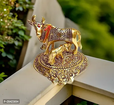 Metal Kamdhenu Cow and Calf Statue -5.2 inch | cow Idols for Pooja | Decorative Items for Home | Showpiece with Krishna-thumb2