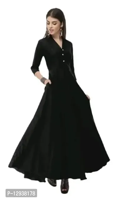AA Fashion Women's Crepe A-Line Solid Pattern 3/4 Sleeve Semi-Stitched Gowns with Duppata [Black] Size : XX-Large-thumb0