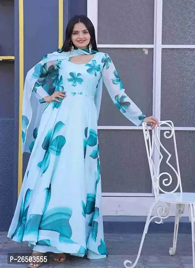Elegant Blue Cotton Blend Printed Kurta with Dupatta Set For Women-thumb0
