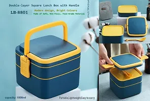 FOXY Double-Layer Square Lunch Box with Handle , 2 Compartment Tiffin with Handle  Push Lock , Plastic Tiffin Box for Travelling, School Kids (Blue)-thumb2