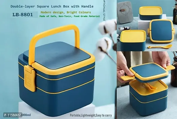 FOXY Double-Layer Square Lunch Box with Handle , 2 Compartment Tiffin with Handle  Push Lock , Plastic Tiffin Box for Travelling, School Kids (Blue)-thumb3