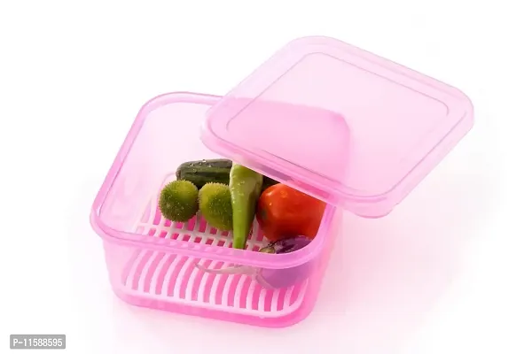FOXY Plastic (Set of 3) Fridge Storage Boxes Fridge Organizer with Removable Drain Plate and Lid Stackable Fridge Storage Containers Plastic(1500ML , MULTICOLOUR) (Multicolour) (Pink)