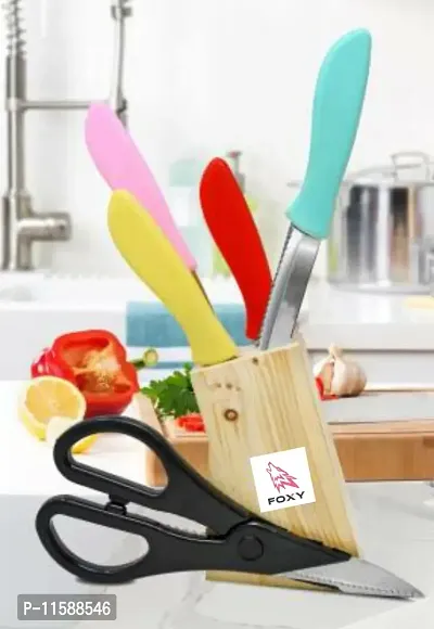 FOXY Shears Wood Kitchen Knife Set with Wooden Block and Scissors, Knife Set for Kitchen with Stand, Knife Set for Kitchen Use, Knife Holder for Kitchen with Knife, 6 Piece,Multicolour, Large