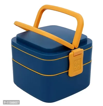 FOXY Double-Layer Square Lunch Box with Handle , 2 Compartment Tiffin with Handle  Push Lock , Plastic Tiffin Box for Travelling, School Kids (Blue)