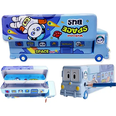Branded Metal Double Decker Bus Shape Pencil Box for Kids with Moving Tyres 3 Compartments Pencil Case for Boys Girls MULTI COLOR