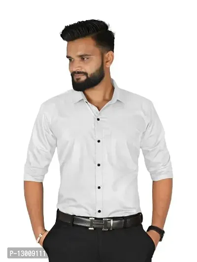 fibermill Men's Cotton Blend Solid Fullsleeve Casual Classic Collar Shirt (White)-thumb0