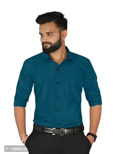 fibermill Men's Cotton Blend Solid Fullsleeve Casual Classic Collar Shirt (Peacock Blue)-thumb0