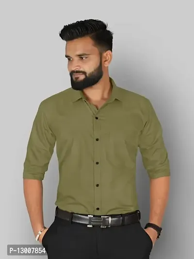 fibermill Men's Cotton Blend Solid Fullsleeve Casual Classic Collar Shirt (Olive Green)-thumb3