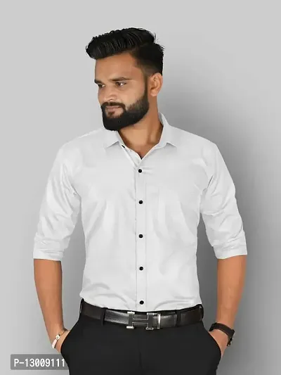 fibermill Men's Cotton Blend Solid Fullsleeve Casual Classic Collar Shirt (White)-thumb5