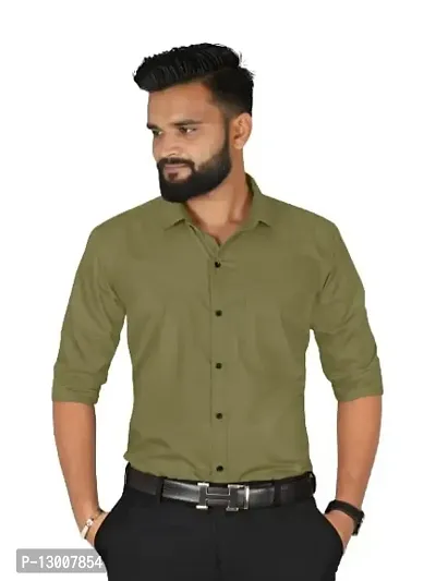 fibermill Men's Cotton Blend Solid Fullsleeve Casual Classic Collar Shirt (Olive Green)-thumb0