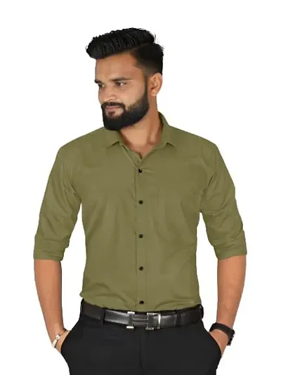 fibermill Men's Blend Solid Fullsleeve Casual Classic Collar Shirt (Olive Green)