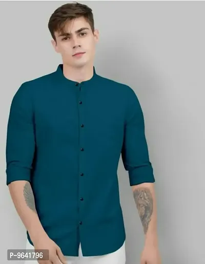 Fashionable Cotton Blend Mandarin Collar Solid Full Sleeves Casual Shirt For Men-thumb0