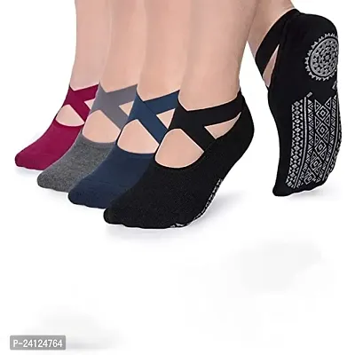 keskriva Yoga Socks Gym Socks for Women and girls Anti Pilates Dance Ballet Cotton Walking  Bikram Fitness Socks Half Open Toe Socks with Ankle Grips  Straps (Multicolor) (Without Finger)-thumb5