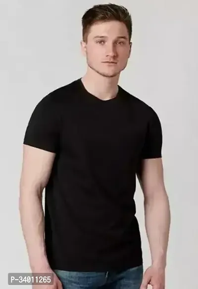 Stylish Black Cotton Blend Solid Round Neck Tees For Men-thumb0