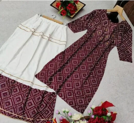 Trendy Rayon Bandhani Print Straight Kurti With Skirt