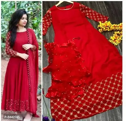 Alluring Red Georgette Embroidered Moti Work Long Kurta with Net Dupatta For Women