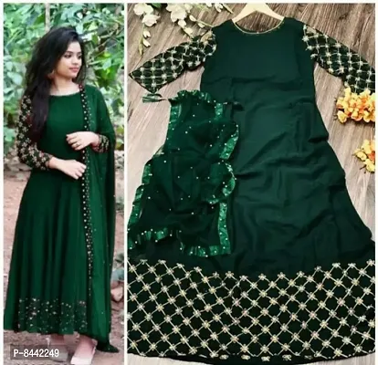 Alluring Green Georgette Embroidered Moti Work Long Kurta with Net Dupatta For Women-thumb0