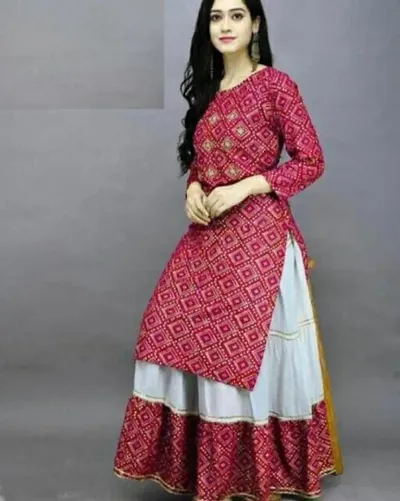 Rayon Bandhani Print Kurta With Skirt Set