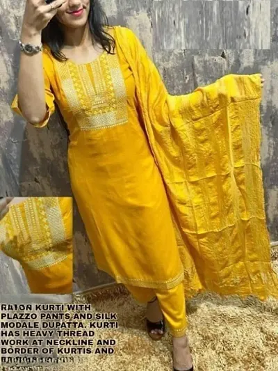 Fancy Rayon Golden Embroidery Straight Kurta Set