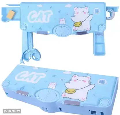 Double Compartment Space Man Pencil Box, Button Enabled Storages And Sharpner For Kids - Cat Sky Blue
