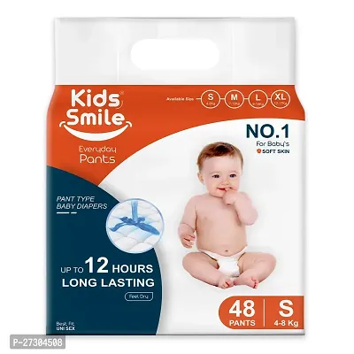 Kids Smile Baby Pants Style Baby Diapers - Anti Rash dual Layer Up to 12 Hrs Absorption, High Absorbency White Premium Cotton Soft Diapers, SMALL(S) Size, 48 Count, 9-14kg Weight Diapers