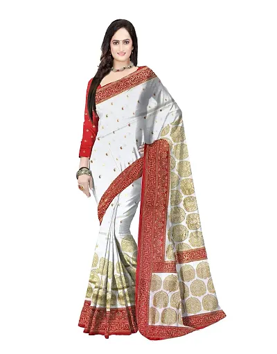 Avushanam Traditional Zari Work Raw Silk Saree With Blouse Piece (White) - D388