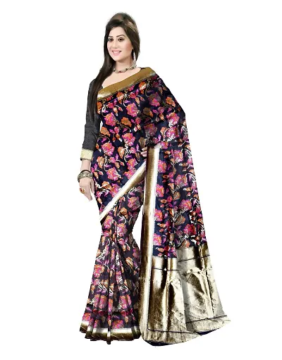 Avushanam Floral Motif Raw Silk Saree With Blouse Piece (Black) - D269