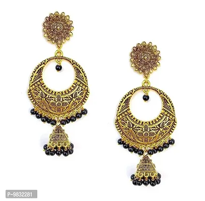 Avushanam Women's Handmade Oxidized Gold Ethnic Chandbali Earrings with Jhumka and Black Beads (Silver)-thumb0
