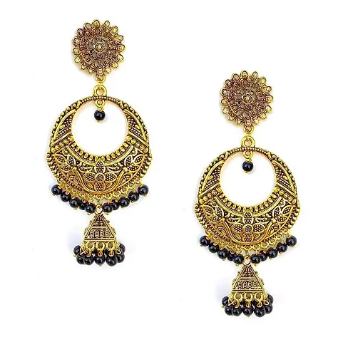 Avushanam Women's Handmade Oxidized Gold Ethnic Chandbali Earrings with Jhumka and Black Beads (Silver)