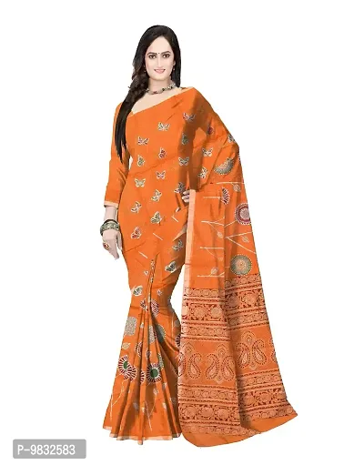 Avushanam Floral Motif Print Cotton Blend Saree With Blouse Piece (Yellow) - D221