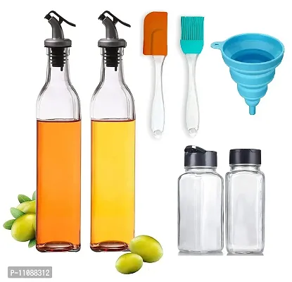 Nivido Enterprise? 500 ml Oil Bottle Set of 2 - Glass Square Spice Jar Set of 2, Silicone Funnel  Oil Brush Spatula Combo - Pack of 7