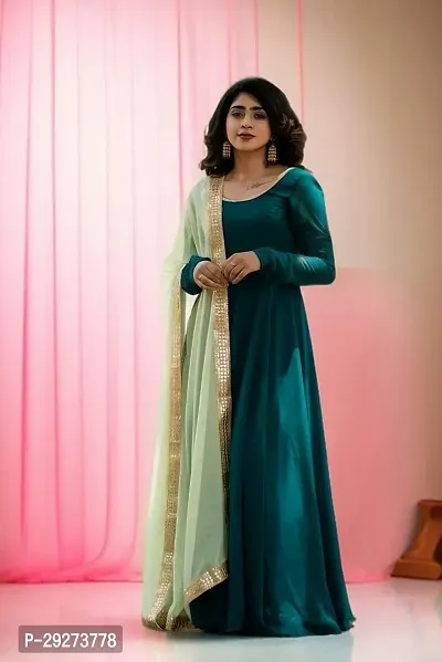 Stylish Teal Georgette Stitched Gown With Dupatta For Women-thumb0