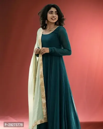 Stylish Teal Georgette Stitched Gown With Dupatta For Women-thumb2