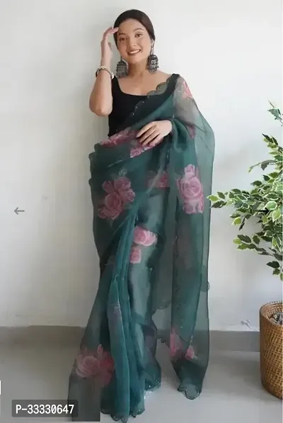 Stylish Organza Black Printed Saree with Blouse piece-thumb0