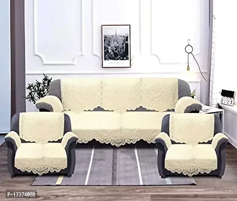 JP Enterprises Cotton 5 Seater Sofa Cover Set|Premium Cotton  Geometric Design|6 Pieces Arms Cover Included| Pack of 16 (Cream)-thumb0
