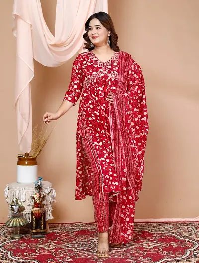 Stylish Cotton Alia-Cut Kurta Bottom Dupatta Set