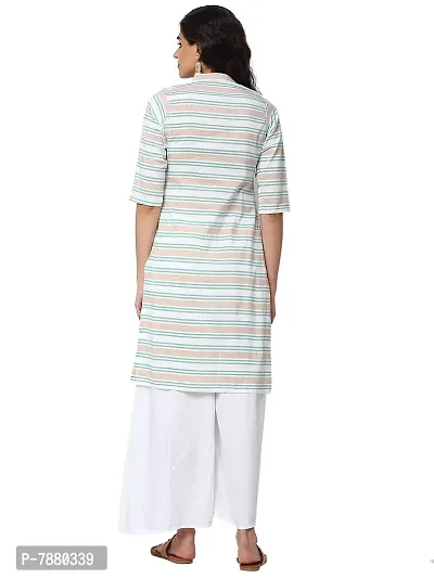 Sayesha Yellow Blue White Stripes Mandarin Collar Women's Cotton Kurti-thumb3