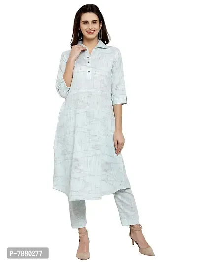 Sayesha Sky Blue Shirt Collar A-Line Women's Cotton Kurti with Cotton Pants(XS TO 7XL)-thumb0